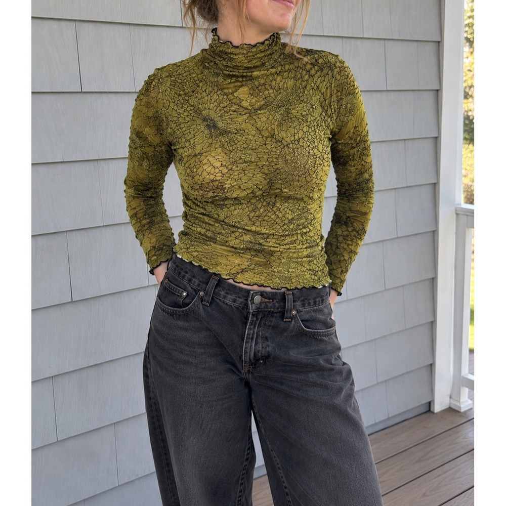 Vintage Sno Skins Y2K Textured Mesh Turtleneck Top M Olive Made USA
